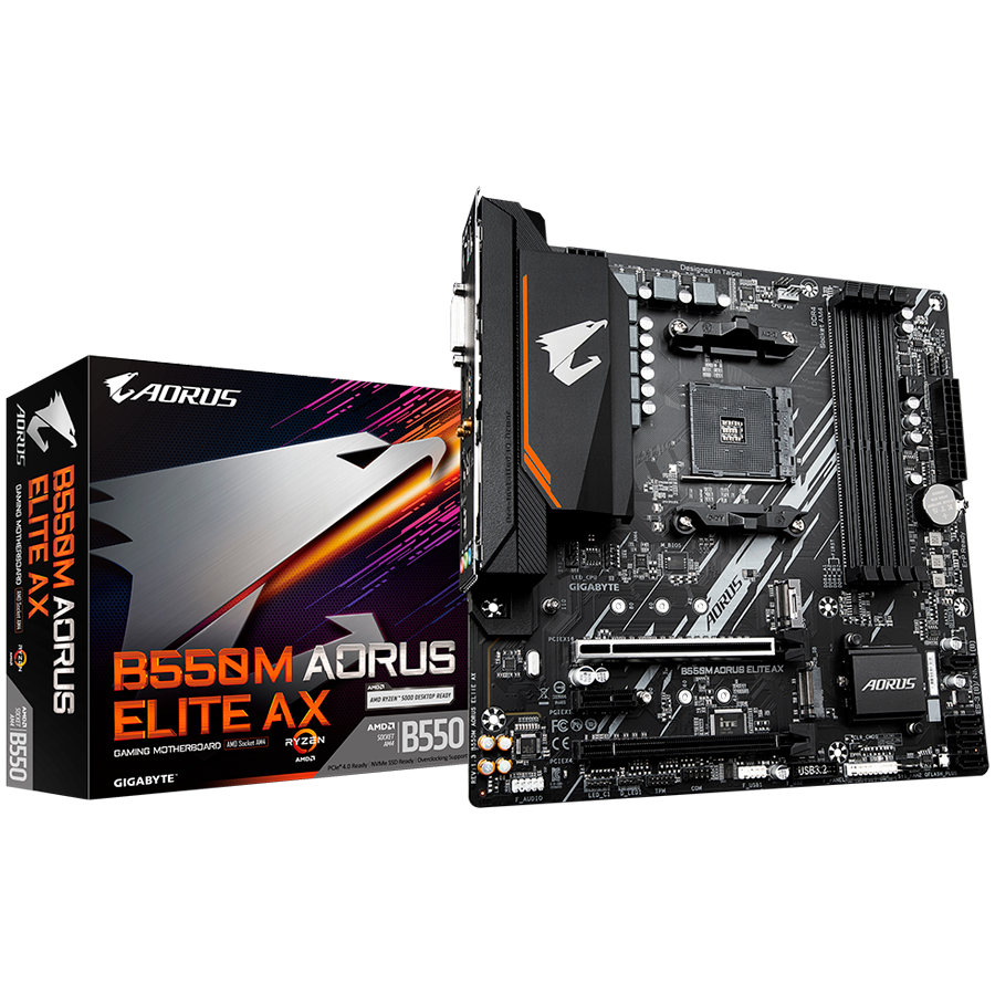 GIGABYTE B550M AORUS ELITE AX AM4 mATX osnovna plošča - AMD B550, 4xDDR4, 2xM.2, 4xSATA, 1Gb LAN, WiFi 6E, BT, 1xDVI-D, 1xHDMI
