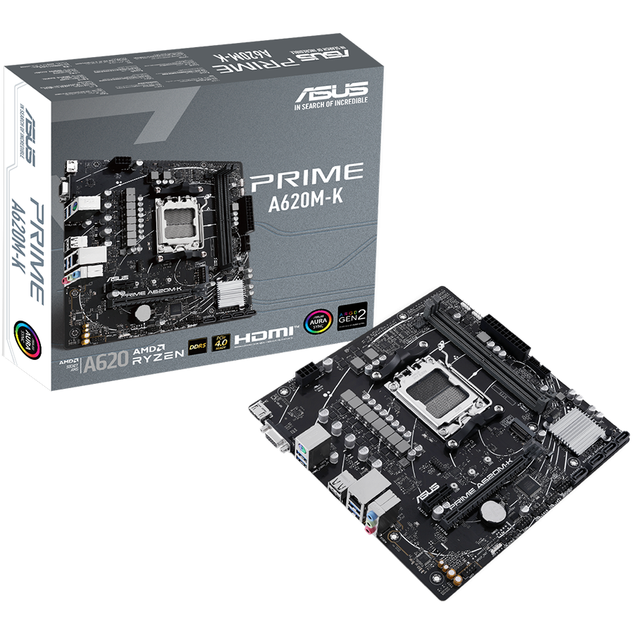 ASUS PRIME A620M-K AM5 mATX matična plošča - AMD A620 2xDIMM DDR5 1xM.2 4xSATA PCIe 4.0 1Gb Ethernet 1xD-SUB 1xHDMI Aura Sync RGB Osvetlitev