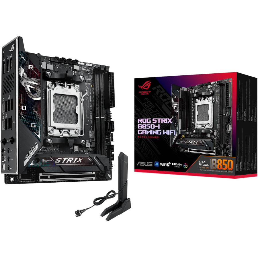 ASUS ROG STRIX B850-I GAMING WIFI AM5 mini-ITX osnovna plošča - AMD B850, 2xDDR5, 2xM.2, 2xSATA, 2.5Gb LAN, WiFi 7, BT, 1xHDMI, 1xUSB 10Gbps port (USB Type-C), Aura Sync