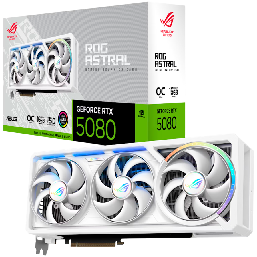 ASUS ROG Astral GeForce RTX 5080 White OC Edition 16GB GDDR7 (ROG-ASTRAL-RTX5080-O16G-WHITE) grafična kartica, PCIe 5.0, 2xHDMI 2.1b, 3xDisplayPort 2.1b
