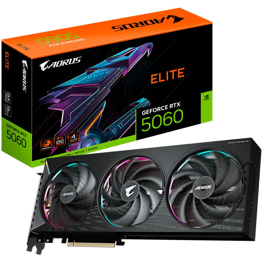 GIGABYTE AORUS GeForce RTX 5060 ELITE 8G GDDR7 grafična kartica, PCIe 5.0, 1xHDMI 2.1b, 3xDisplayPort 2.1b