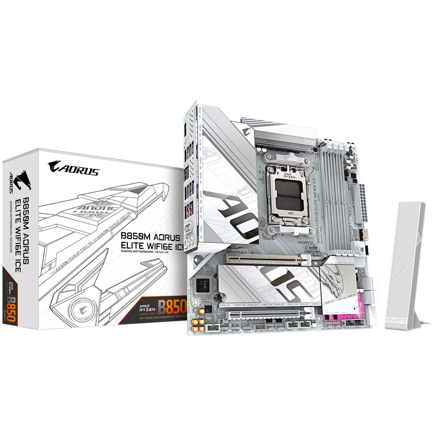 GIGABYTE B850M AORUS ELITE WIFI6E ICE AM5 mATX osnovna plošča - AMD B850, 4xDDR5, 2xM.2, 4xSATA, 2.5Gb LAN, WiFi 6E, BT, 1xDP, 1xHDMI (spredaj)