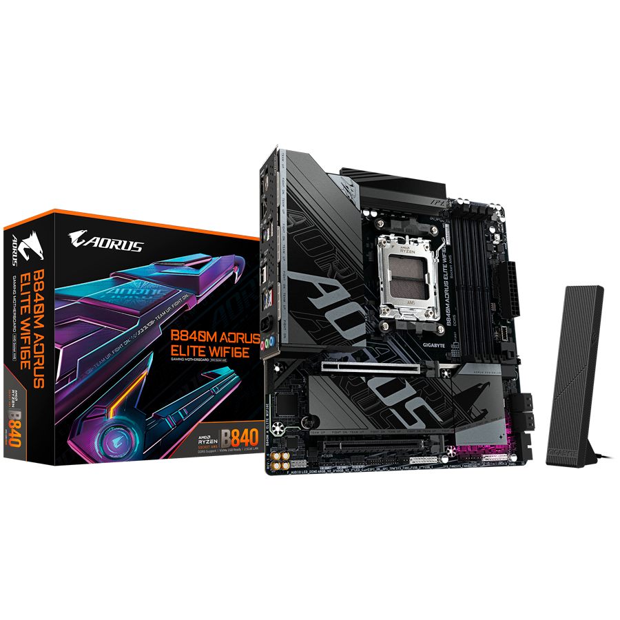 GIGABYTE B840M AORUS ELITE WIFI6E AM5 mATX osnovna plošča - AMD B840, 4xDDR5, 2xM.2, 4xSATA, 2.5Gb LAN, WiFi 6E, BT, 1xHDMI, 1xDP