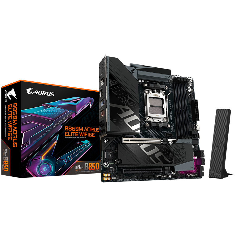 GIGABYTE B850M AORUS ELITE WIFI6E AM5 mATX osnovna plošča - AMD B850, 4xDDR5, 2xM.2, 4xSATA, 2.5Gb LAN, 1xDP, 1xHDMI (spredaj)
