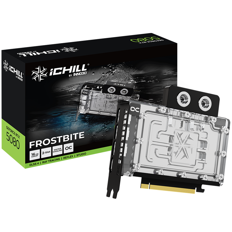 INNO3D GeForce RTX 5080 iChill Frostbite OC 16GB GDDR7 grafična kartica, PCIe 5.0, 1xHDMI 2.1b, 3xDisplayPort 2.1b, vodno hlajenje